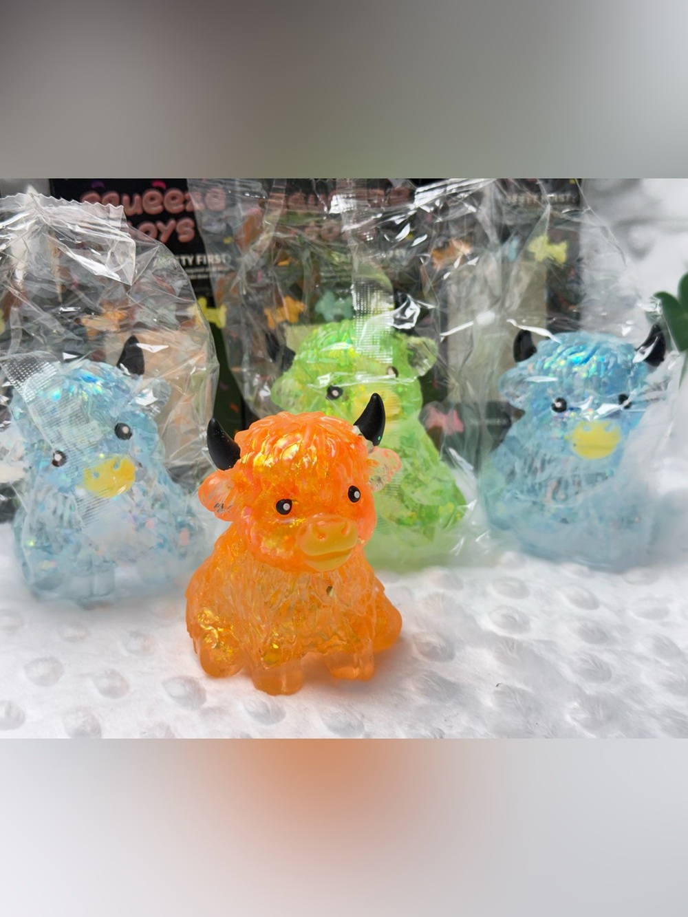 Iridescent Highland Cow Glitter Squishy Sensory Toys - 4 cows